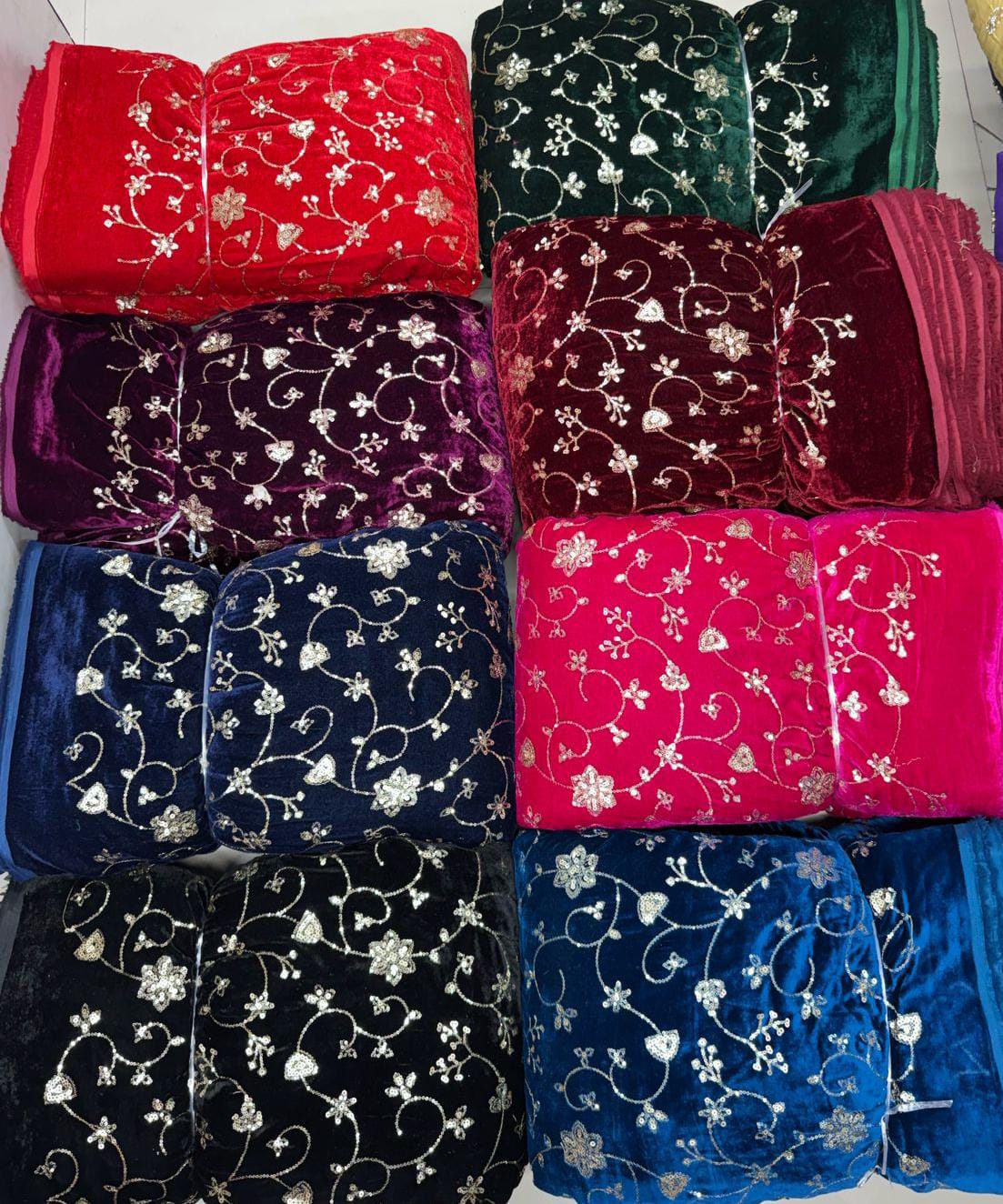 Premium Viscose Velvet Embroidery Sequence Fabric | Heavy Designer Quality