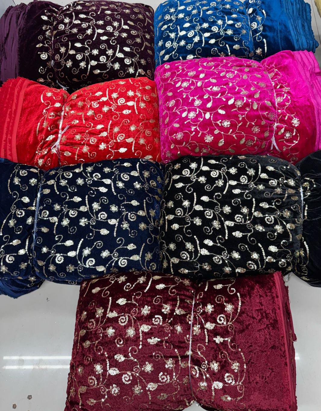 Premium Viscose Velvet Embroidery Sequence Fabric | Heavy Designer Quality