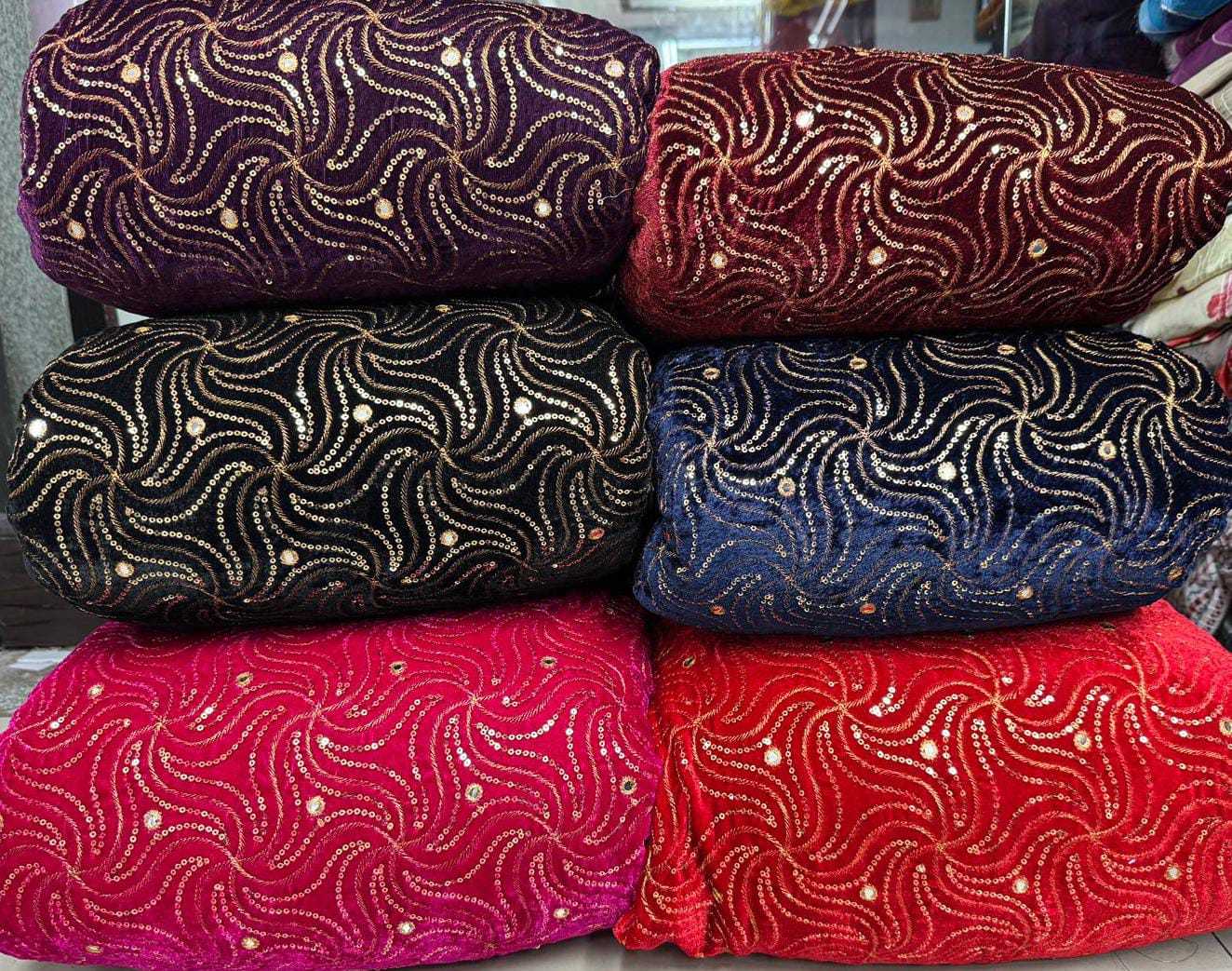 Premium Viscose Velvet Embroidery Sequence Fabric | Heavy Designer Quality