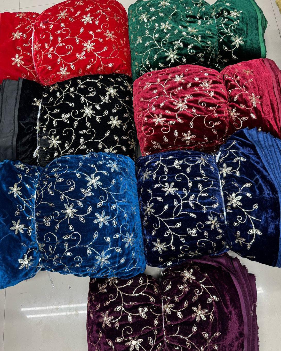 Premium Viscose Velvet Embroidery Sequence Fabric | Heavy Designer Quality