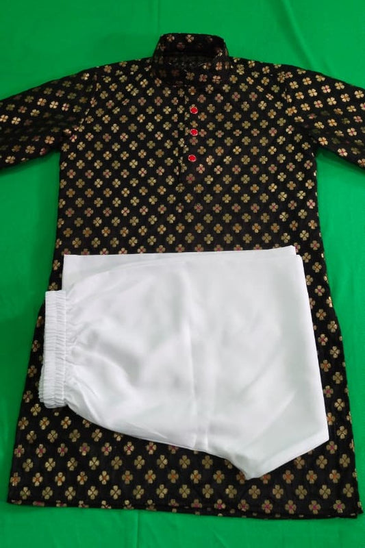 Elegant Black Kurta with White Crape Pyjama – Expertly Tailored for Boys