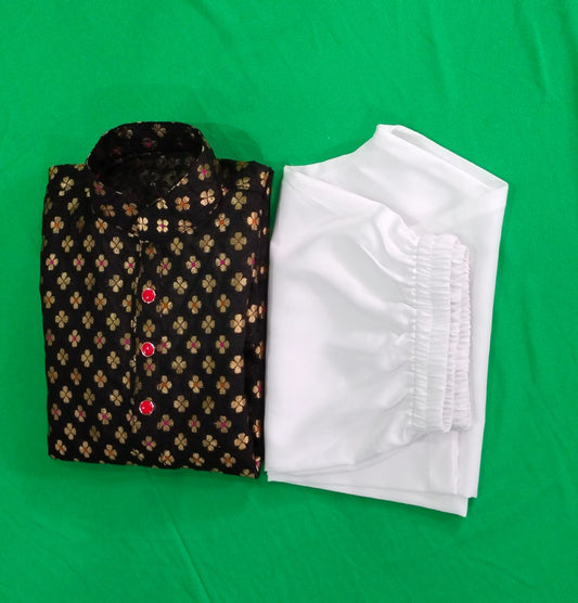 Elegant Black Kurta with White Crape Pyjama – Expertly Tailored for Boys