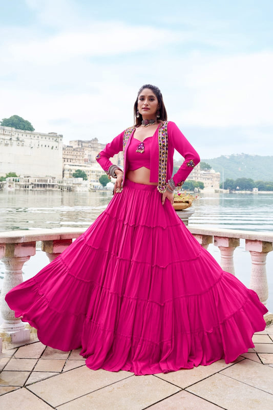 Navratri Special Pure Rayon Lehenga Set with Mirror Gamthi Work & Cowrie Lace
