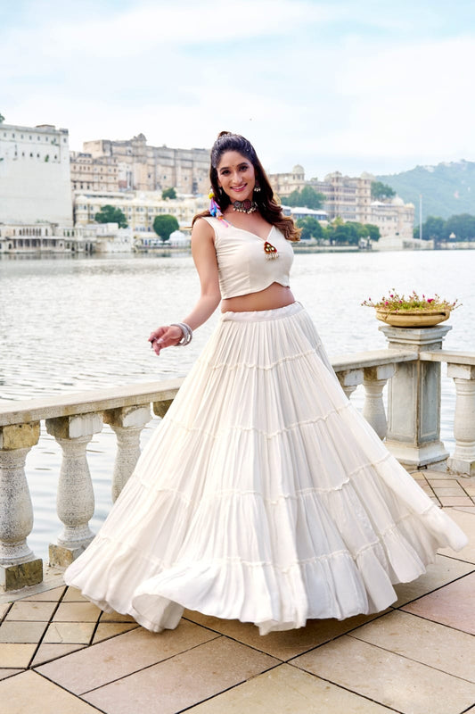 Navratri Special Pure Rayon Lehenga Set with Mirror Gamthi Work & Cowrie Lace