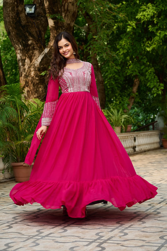 Elegant Star Georgette Embroidered Gown with Dupatta – Beads & Sequins Work | Party & Wedding Wear