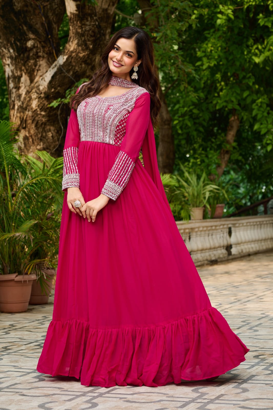 Elegant Star Georgette Embroidered Gown with Dupatta – Beads & Sequins Work | Party & Wedding Wear