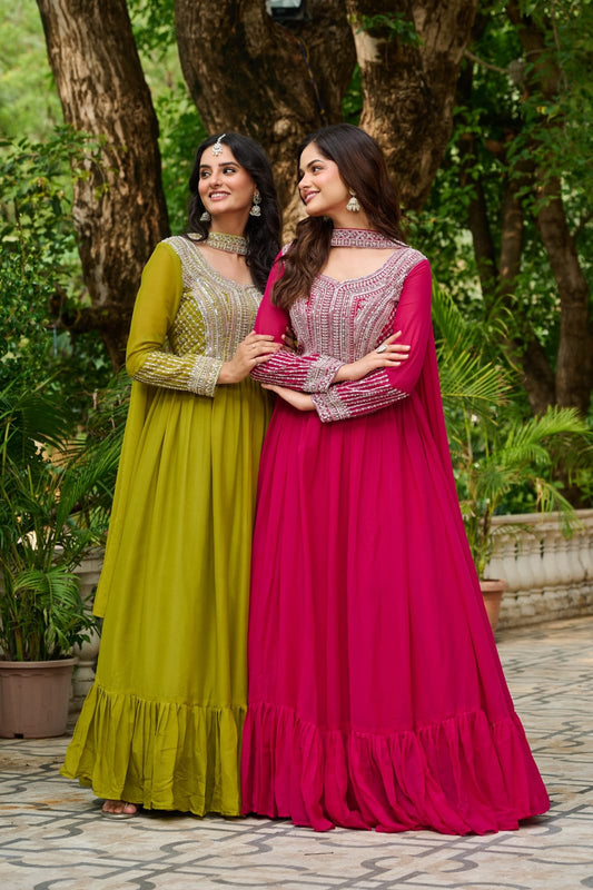 Elegant Star Georgette Embroidered Gown with Dupatta – Beads & Sequins Work | Party & Wedding Wear
