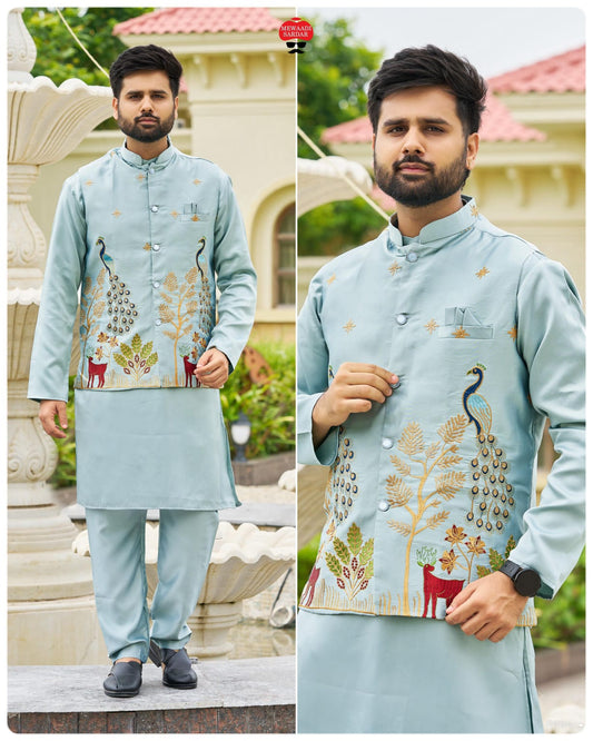 Ready-to-Wear Malai Satin Kurta Koti Pyjama Set with Heavy Embroidered Jacket