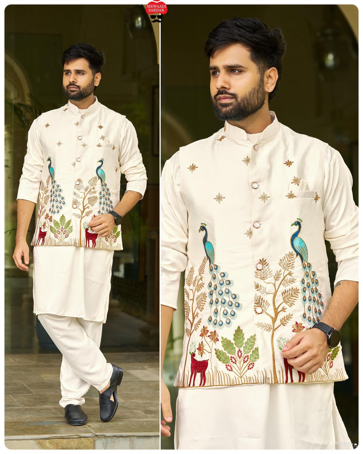 Ready-to-Wear Malai Satin Kurta Koti Pyjama Set with Heavy Embroidered Jacket