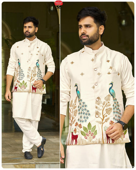 Ready-to-Wear Malai Satin Kurta Koti Pyjama Set with Heavy Embroidered Jacket