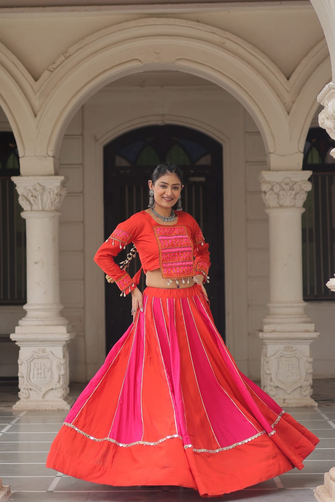 Regal Radiance: Mirror Lace Lehenga with Gamthi Embroidered Top