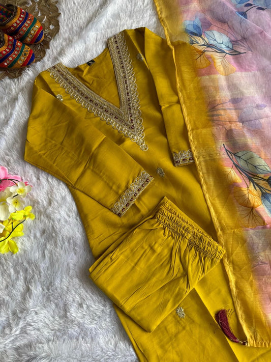 Designer Roman Silk Kurti Pant Dupatta Set with Embroidery
