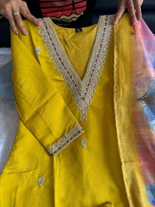 Designer Roman Silk Kurti Pant Dupatta Set with Embroidery