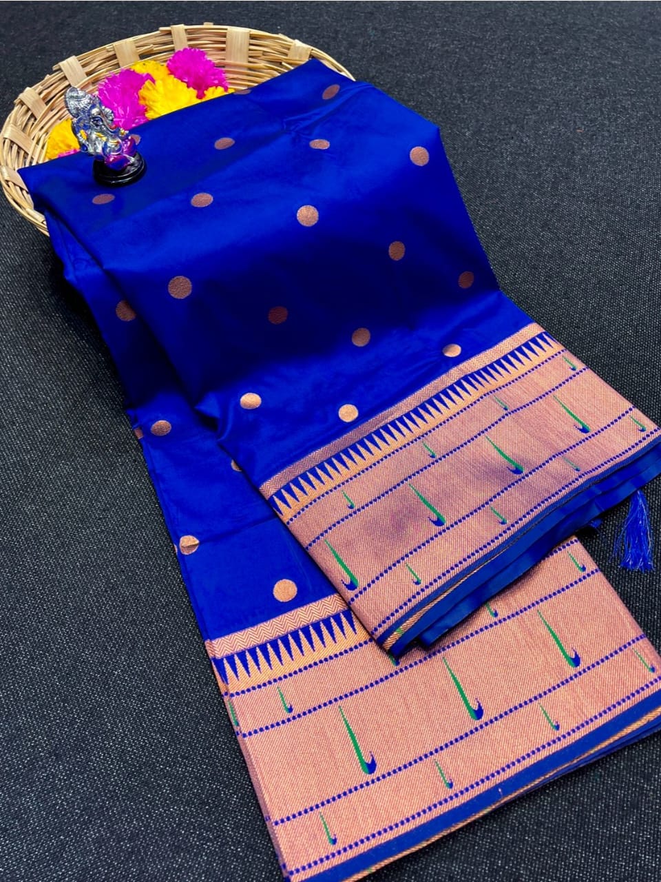 Premium Muniya Border Paithani Saree | Soft Silk with All-Over Butta & Bailgada Pallu