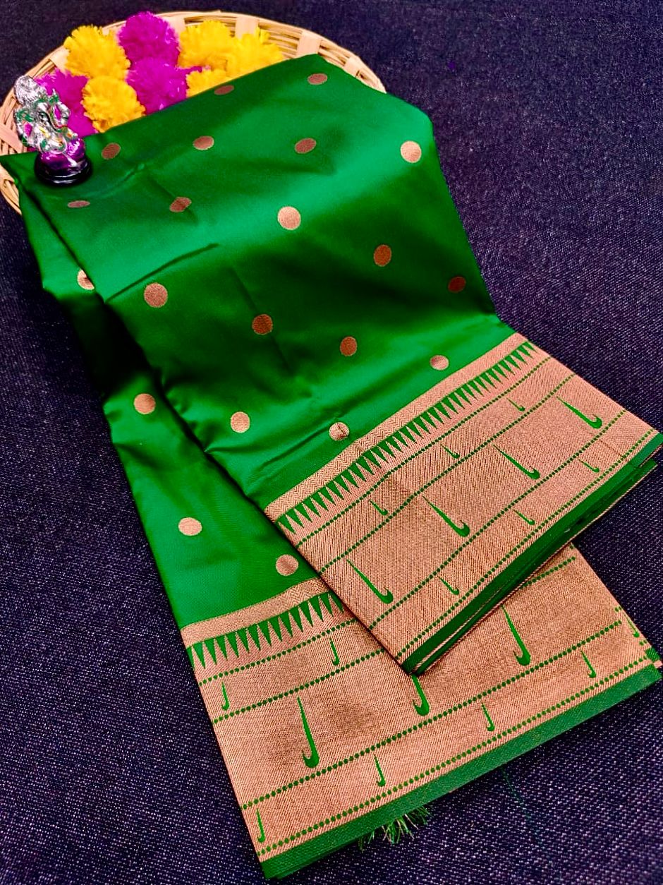 Premium Muniya Border Paithani Saree | Soft Silk with All-Over Butta & Bailgada Pallu