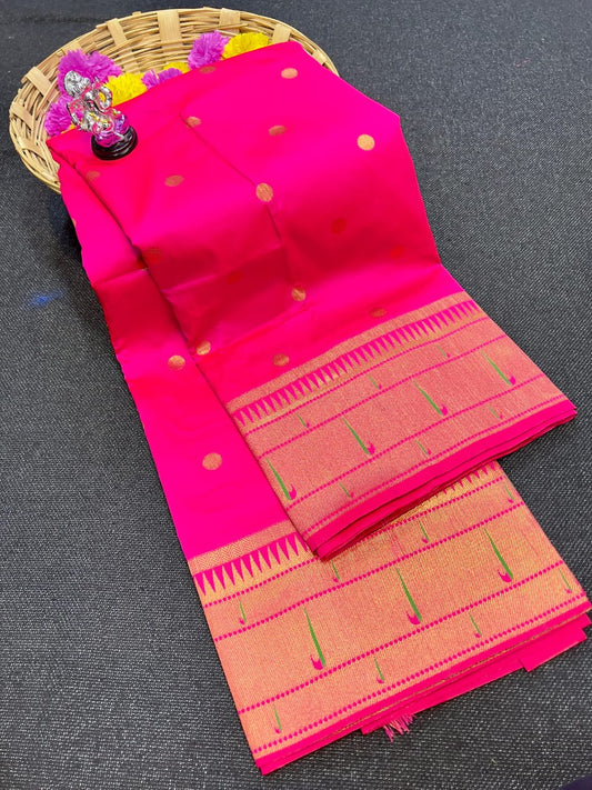 Premium Muniya Border Paithani Saree | Soft Silk with All-Over Butta & Bailgada Pallu