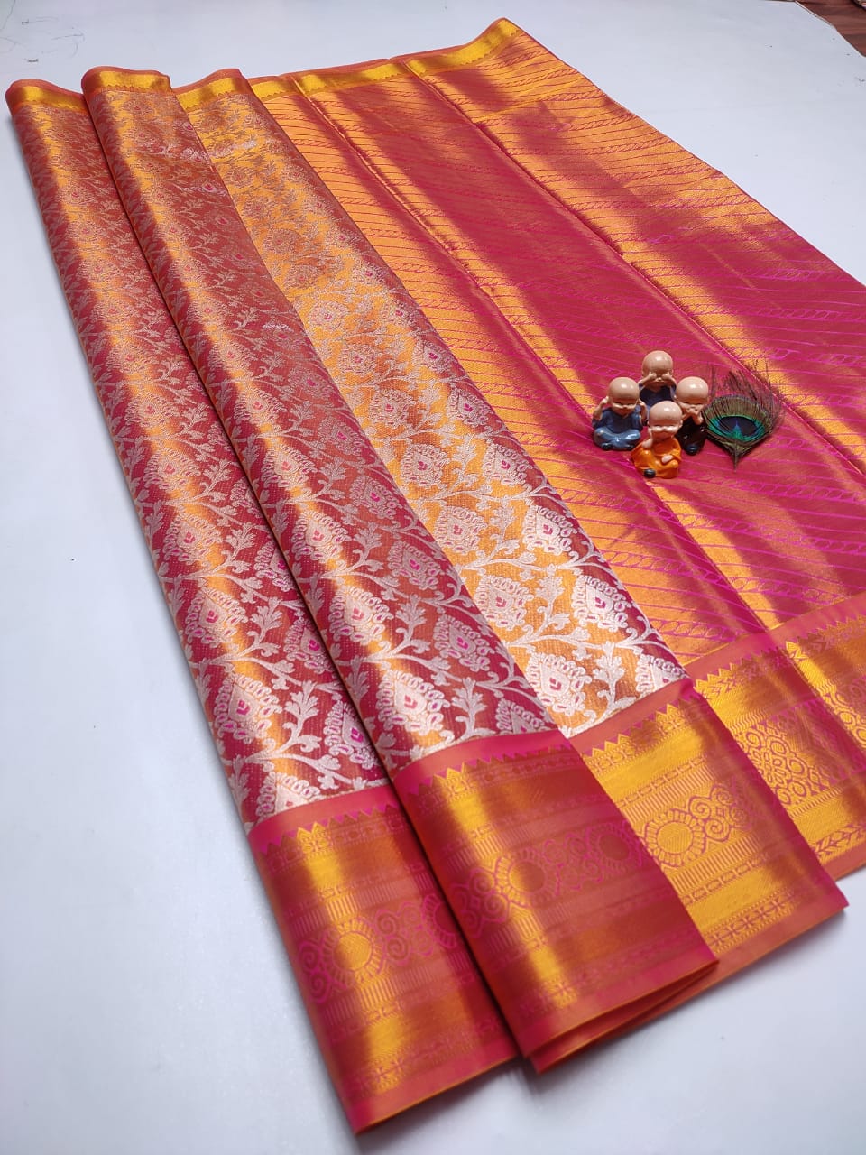 Exclusive Kanchipuram Tissue Silk Saree with Zari Double Weave, Rich Pallu & Contrast Blouse