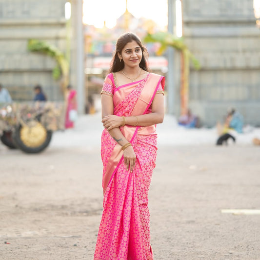 Latest Banarasi Soft Katan Silk Saree | Rich Zari Weaving with Contrast Jacquard Pallu & Blouse