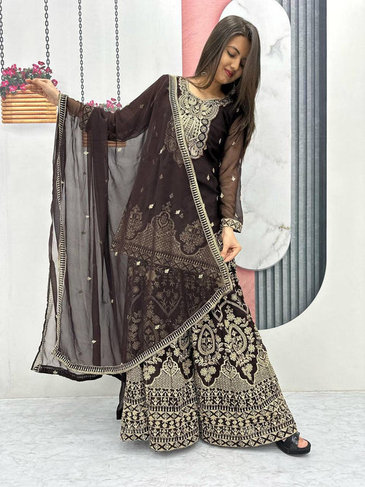 Stunning New Designer Party Wear Top, Plazzo & Dupatta Set