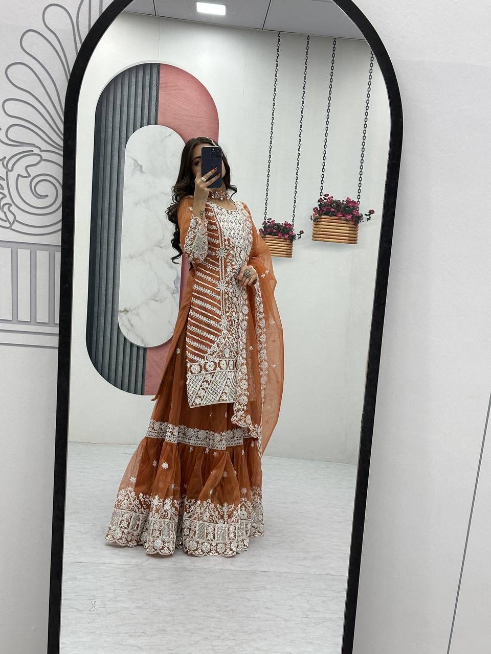 Regal Elegance — Embroidered Lily Net Ensemble