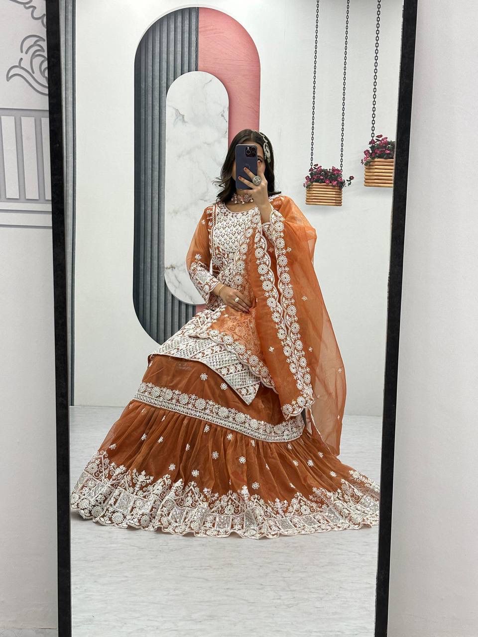 Regal Elegance — Embroidered Lily Net Ensemble