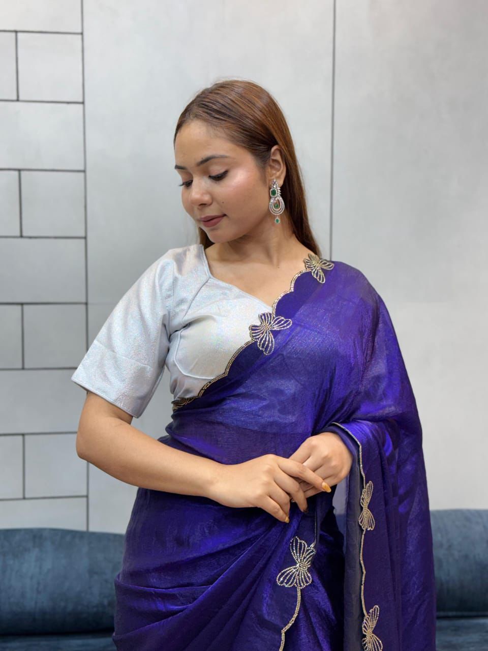 Glamour in Every Fold – Butterfly Cut Dana Diamond Panel Work Saree